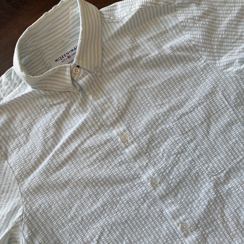 Mizzen+Main Shirt Mens 2XL White Blue Stripe Short Sleeve Button Seersucker Trim